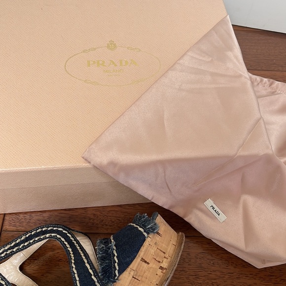 Prada | Denim Fringe Cork Wedges Size 37 Blue White Stitched - Picture 11 of 12